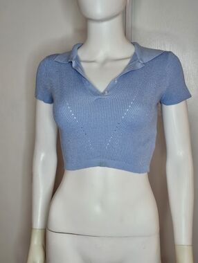 Rihoas Light Blue Knit Polo Crop Top Size S Baby Blue